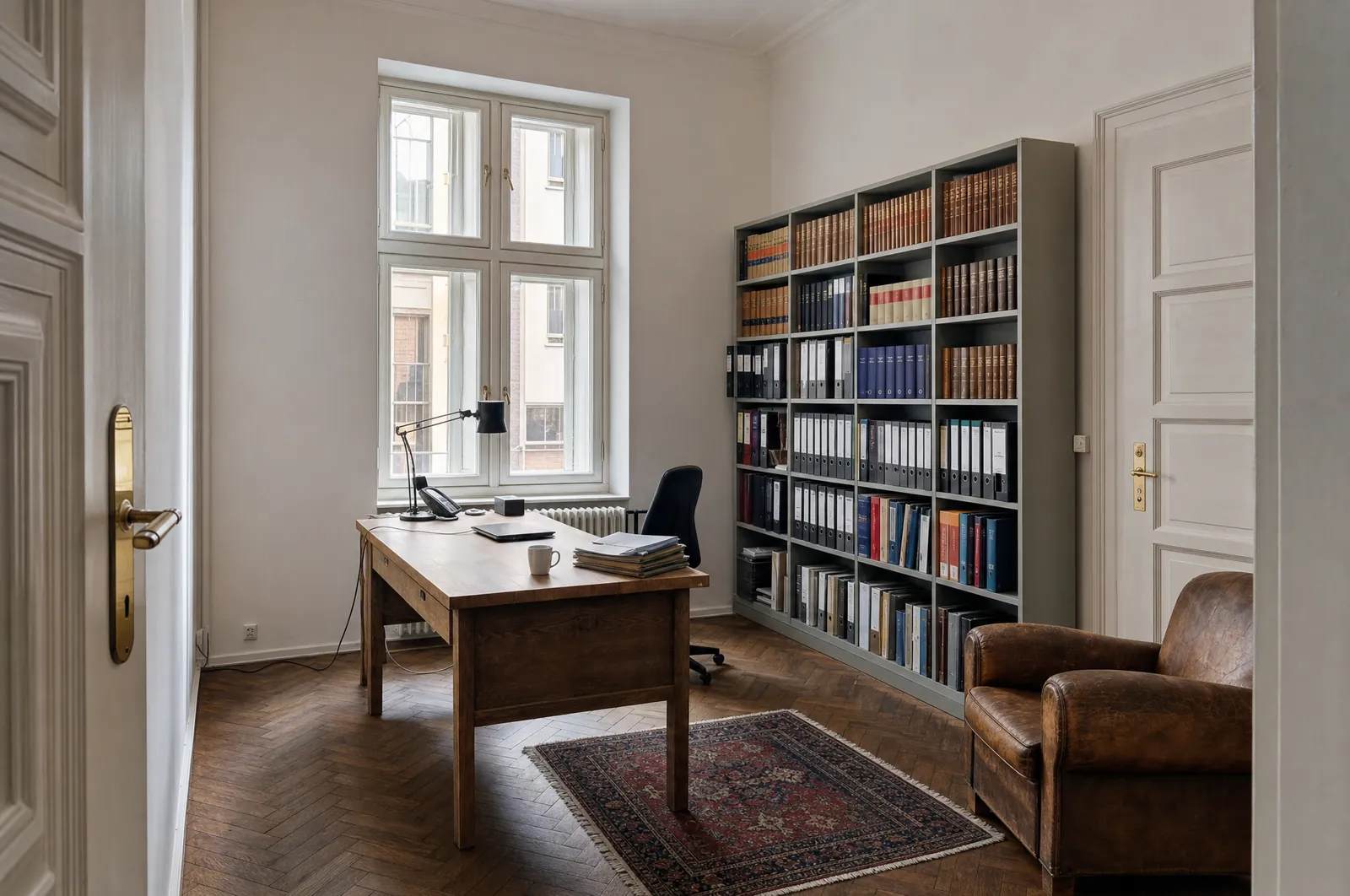 Arbeitszimmer mit schwerem Eichenschreibtisch am hohen Fenster, Leselampe und gestapelten Unterlagen.