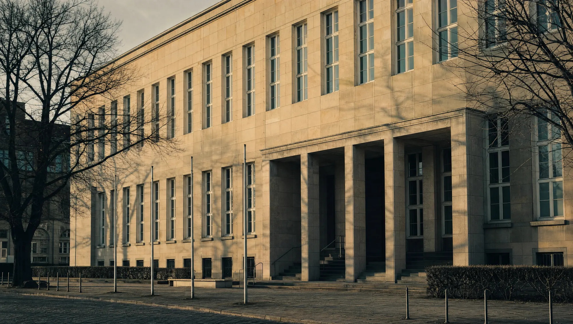 Sachliche Sandsteinfassade eines Gerichtsgebäudes der 1950er Jahre.